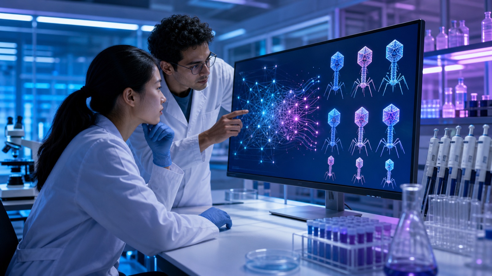 Researchers examining AI-designed bacteriophage forms in a laboratory