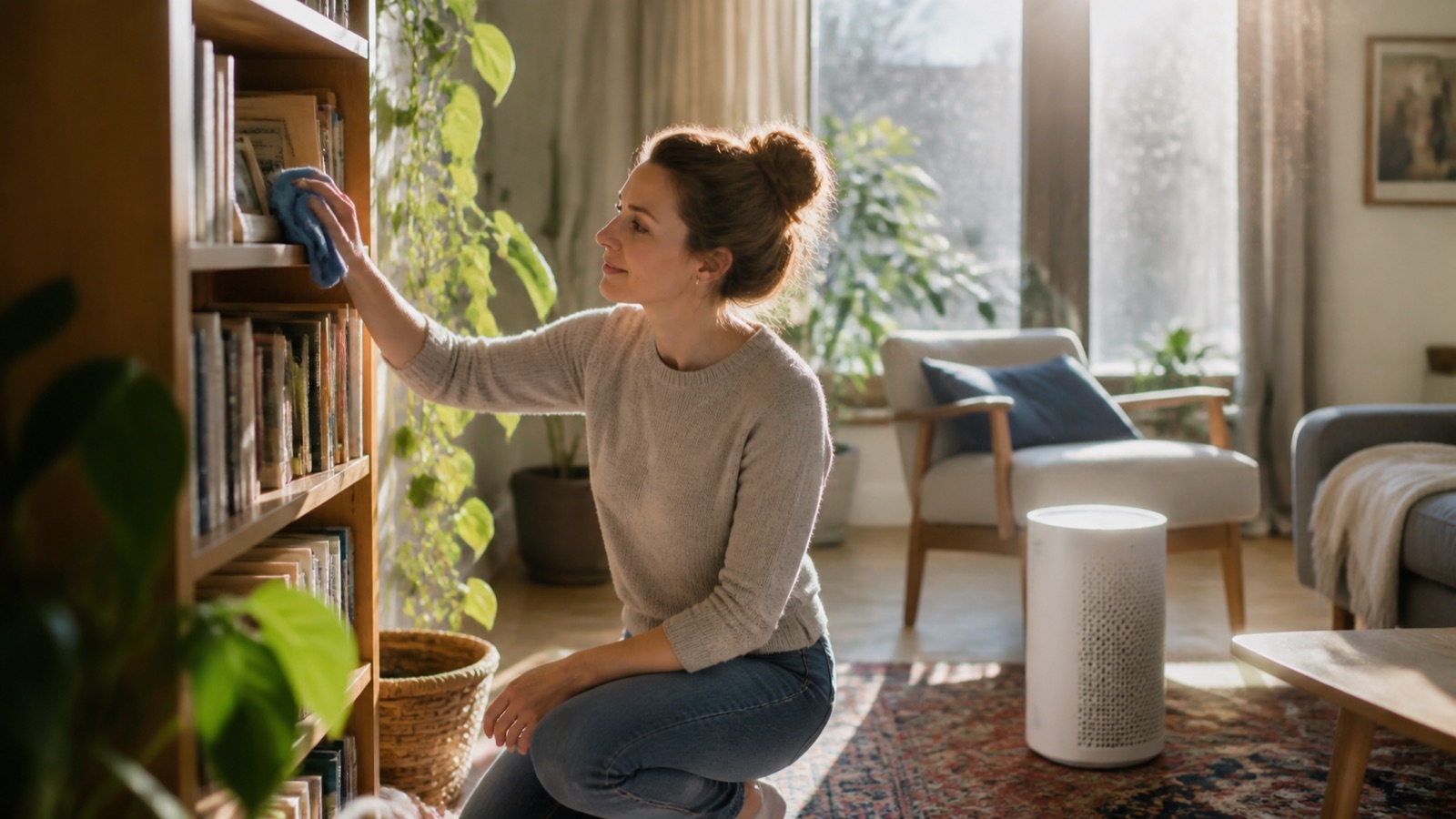 A person dusting a bookshelf beside an air purifier in a sunny living room