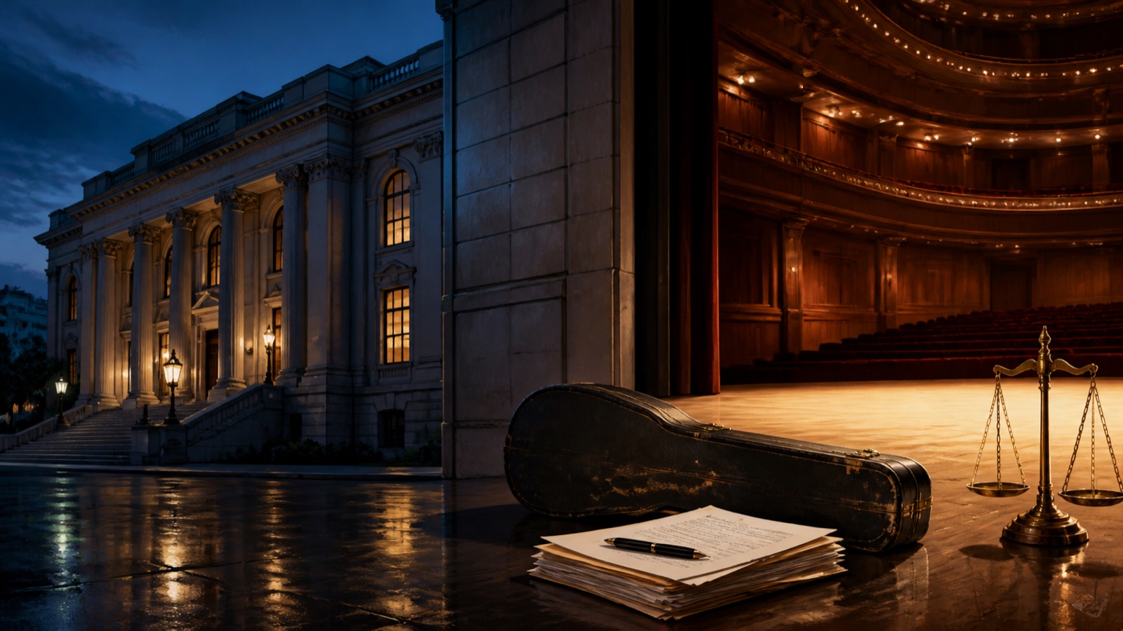 An editorial illustration of a concert hall, guitar case and legal papers