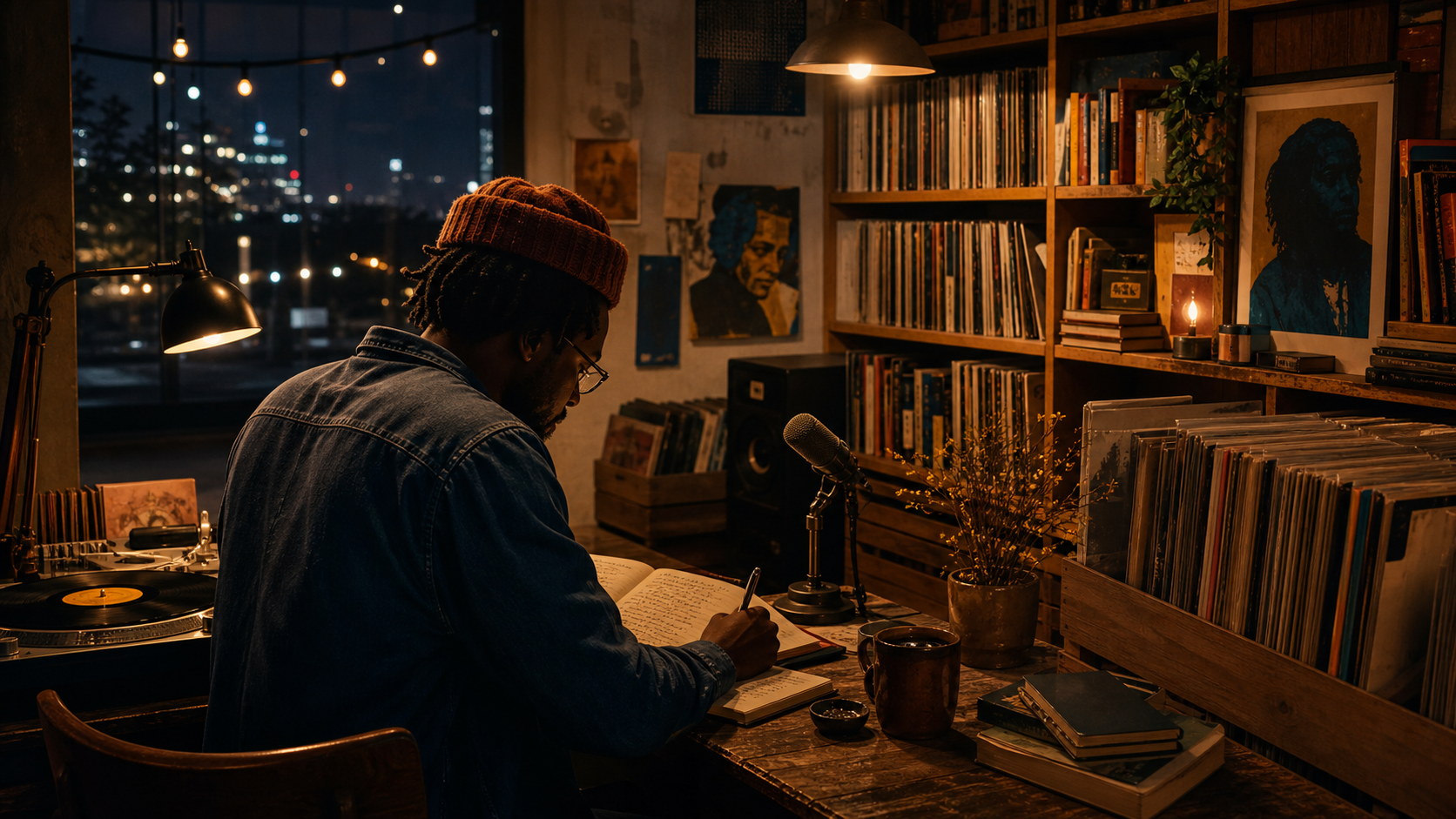Original editorial illustration of an independent poet and musician writing in a Nashville record shop
